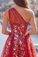 Load image into Gallery viewer, Sparkly Floral Corset A Line Red Beaded Short Prom Dress with Ruffles