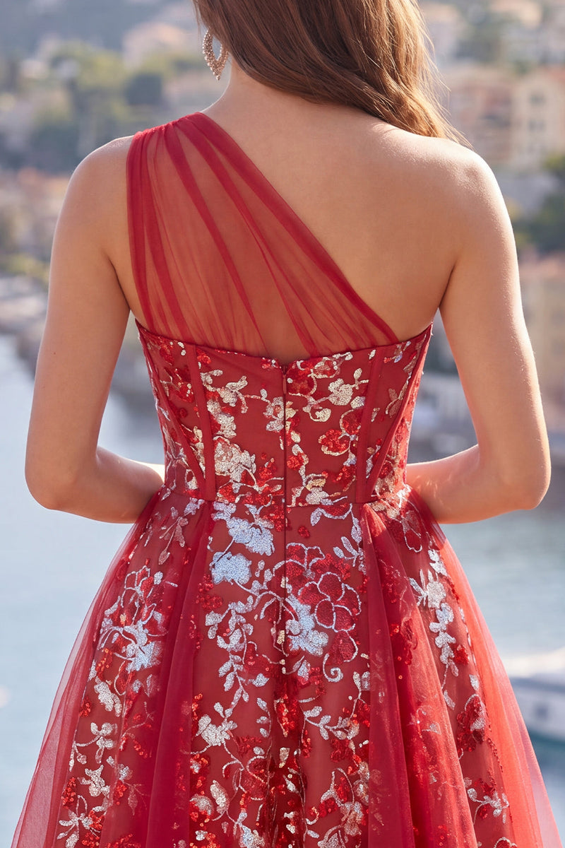 Load image into Gallery viewer, Sparkly Floral Corset A Line Red Beaded Short Prom Dress with Ruffles