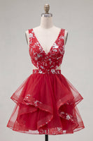 Load image into Gallery viewer, Floral Red A Line Short Ruched Cut Out Prom Dress with Ruffles