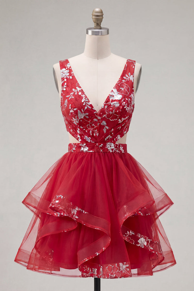 Load image into Gallery viewer, Floral Red A Line Short Ruched Cut Out Prom Dress with Ruffles