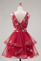 Load image into Gallery viewer, Floral Red A Line Short Ruched Cut Out Prom Dress with Ruffles