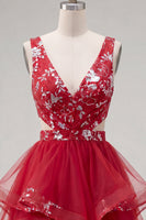 Load image into Gallery viewer, Floral Red A Line Short Ruched Cut Out Prom Dress with Ruffles