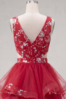 Load image into Gallery viewer, Floral Red A Line Short Ruched Cut Out Prom Dress with Ruffles