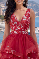 Load image into Gallery viewer, Floral Red A Line Short Ruched Cut Out Prom Dress with Ruffles