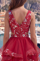 Load image into Gallery viewer, Floral Red A Line Short Ruched Cut Out Prom Dress with Ruffles