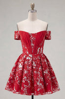 Load image into Gallery viewer, Sparkly Short Red Corset Floral A Line Prom Dress with Beading