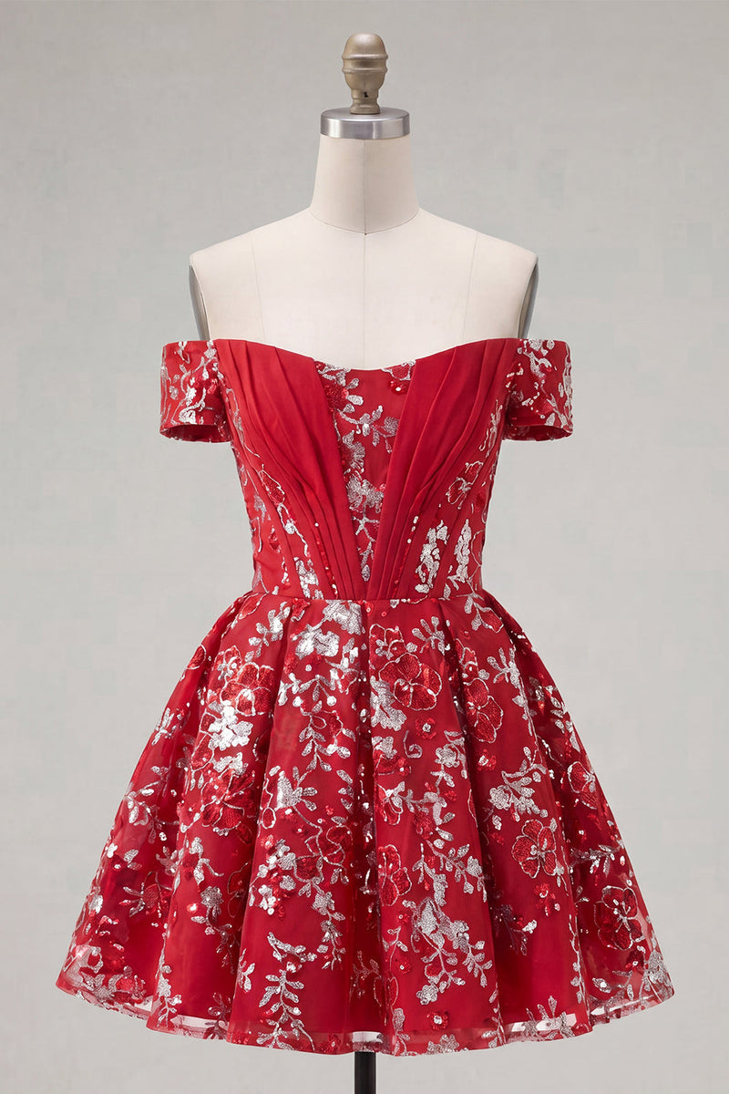 Load image into Gallery viewer, Sparkly Short Red Corset Floral A Line Prom Dress with Beading