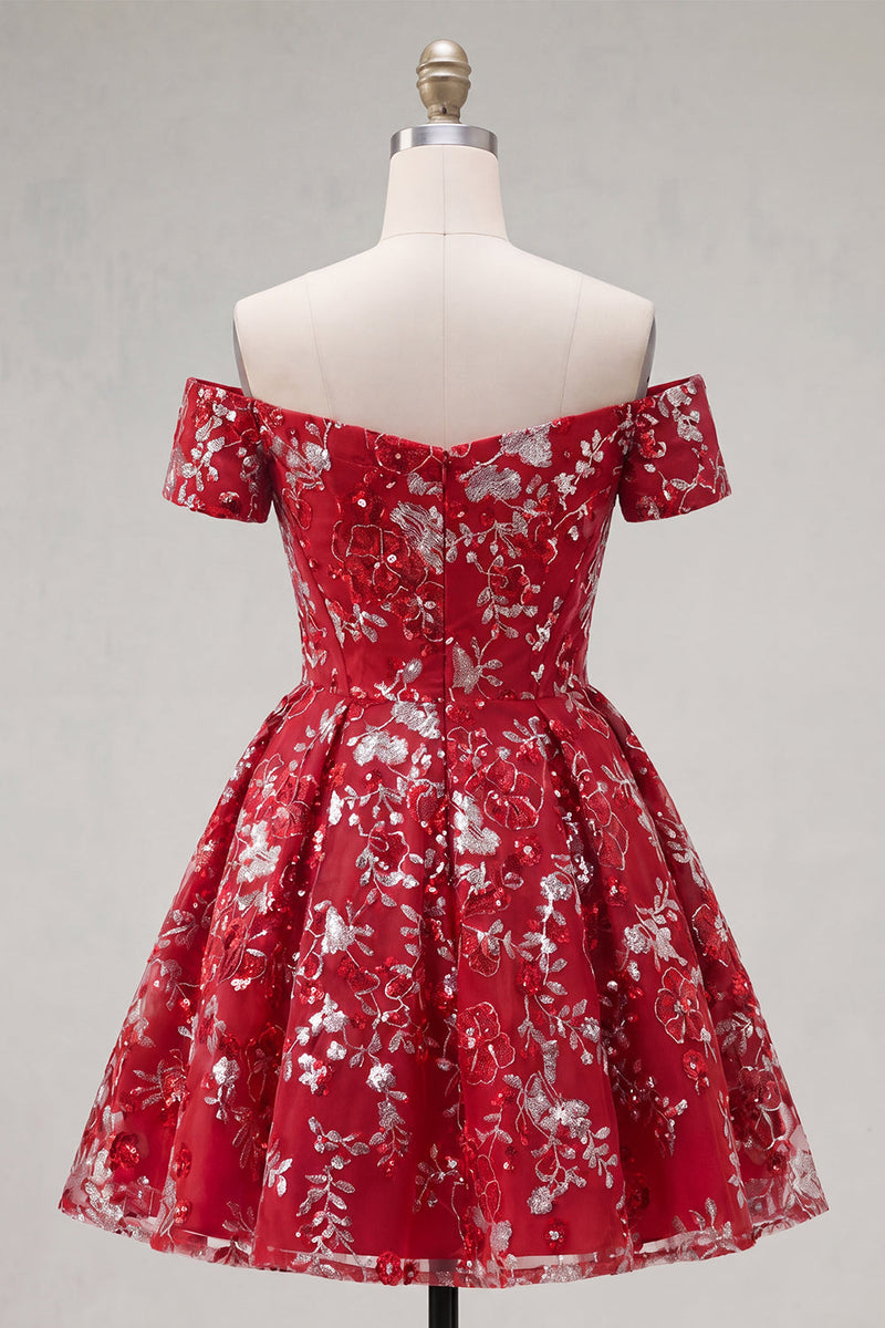 Load image into Gallery viewer, Sparkly Short Red Corset Floral A Line Prom Dress with Beading