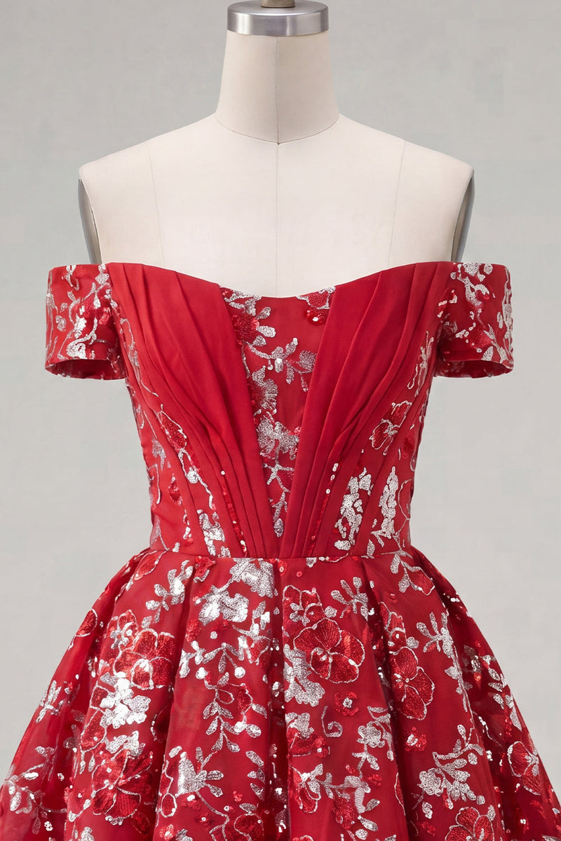 Load image into Gallery viewer, Sparkly Short Red Corset Floral A Line Prom Dress with Beading