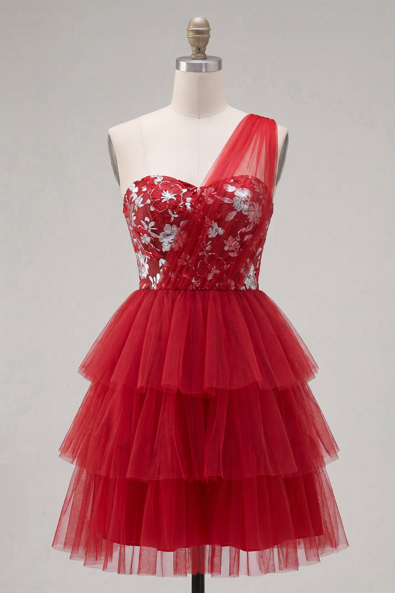 Load image into Gallery viewer, One Shoulder Floral Red A Line Short Prom Dress with Ruffles
