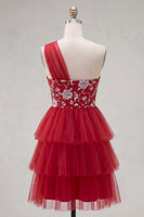 Load image into Gallery viewer, One Shoulder Floral Red A Line Short Prom Dress with Ruffles