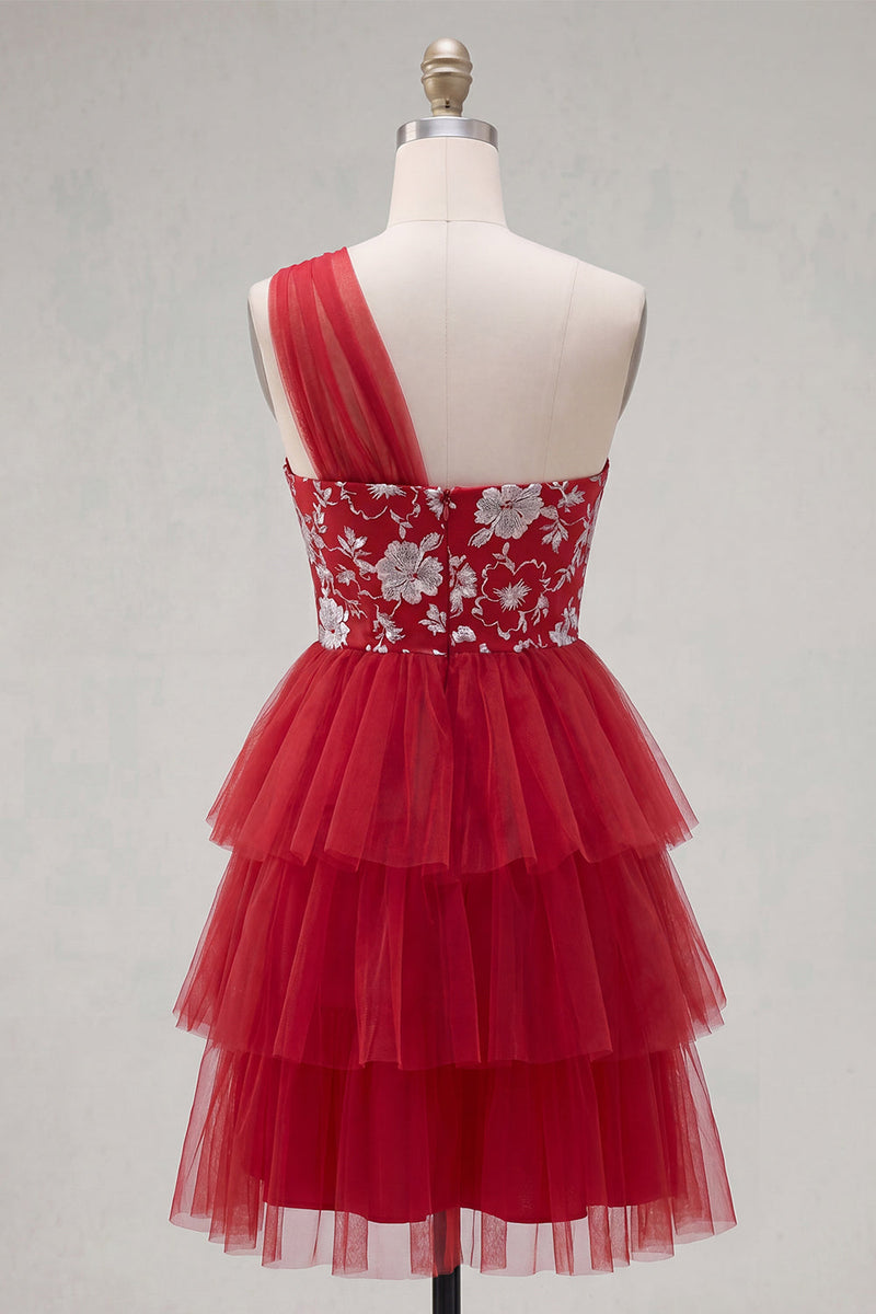 Load image into Gallery viewer, One Shoulder Floral Red A Line Short Prom Dress with Ruffles