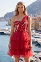 Load image into Gallery viewer, One Shoulder Floral Red A Line Short Prom Dress with Ruffles
