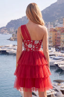 Load image into Gallery viewer, One Shoulder Floral Red A Line Short Prom Dress with Ruffles