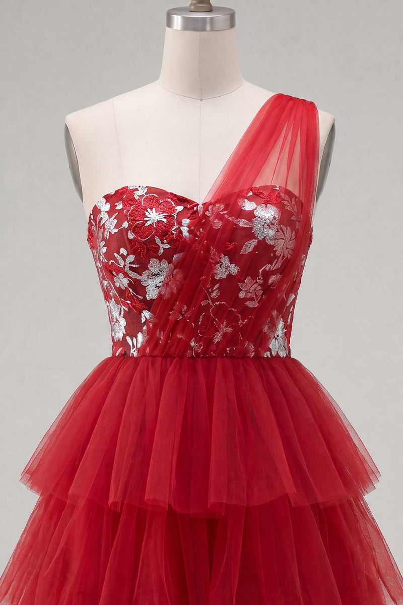 Load image into Gallery viewer, One Shoulder Floral Red A Line Short Prom Dress with Ruffles