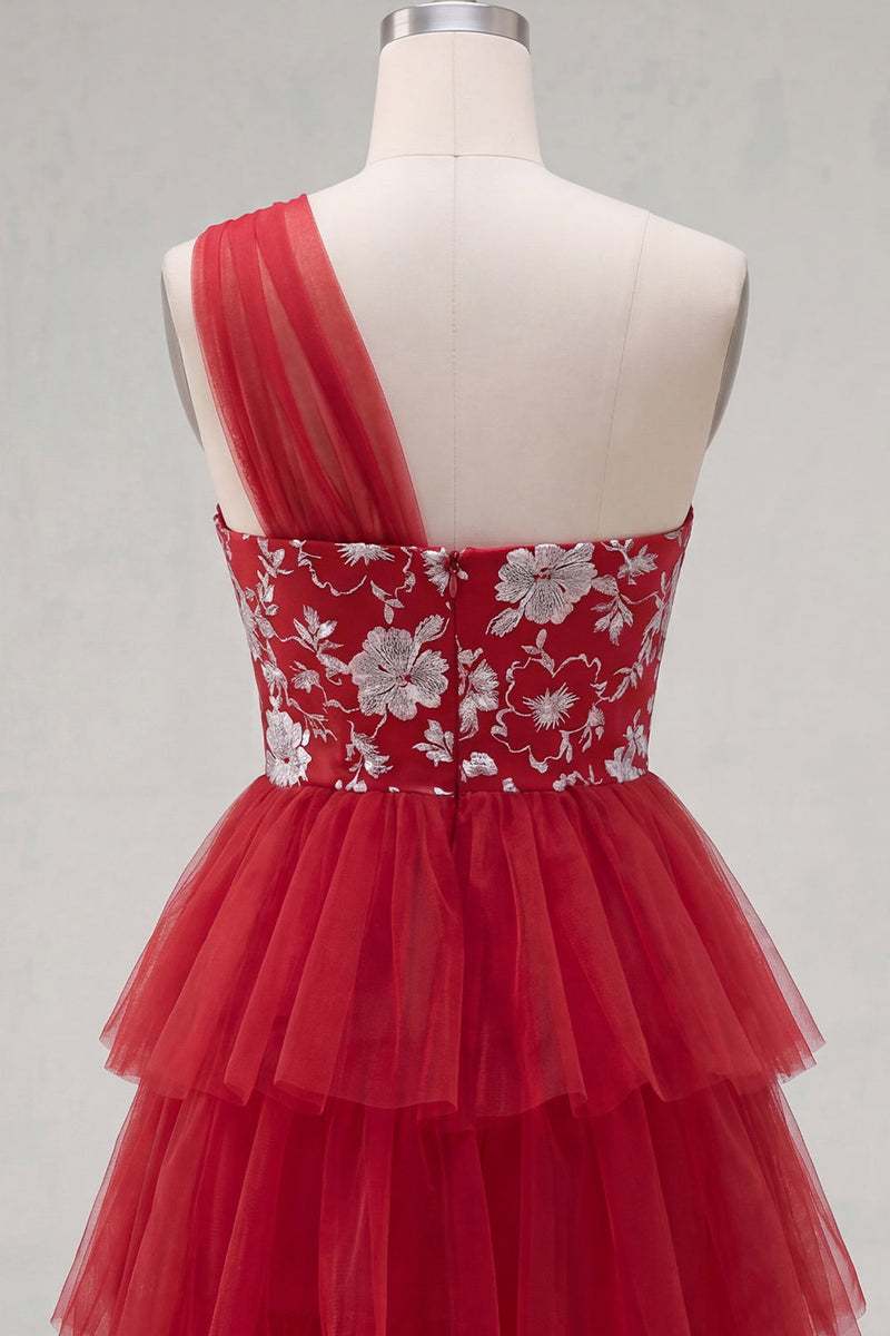 Load image into Gallery viewer, One Shoulder Floral Red A Line Short Prom Dress with Ruffles