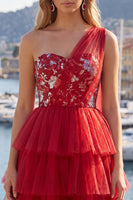 Load image into Gallery viewer, One Shoulder Floral Red A Line Short Prom Dress with Ruffles