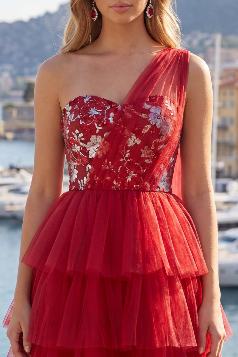 Load image into Gallery viewer, One Shoulder Floral Red A Line Short Prom Dress with Ruffles