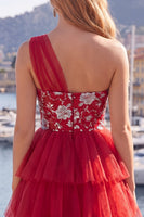 Load image into Gallery viewer, One Shoulder Floral Red A Line Short Prom Dress with Ruffles