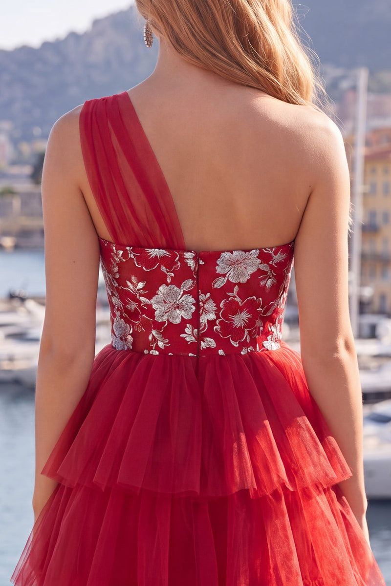 Load image into Gallery viewer, One Shoulder Floral Red A Line Short Prom Dress with Ruffles