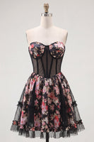 Load image into Gallery viewer, Black Pink Flower A Line Strapless Short Corset Prom Dress