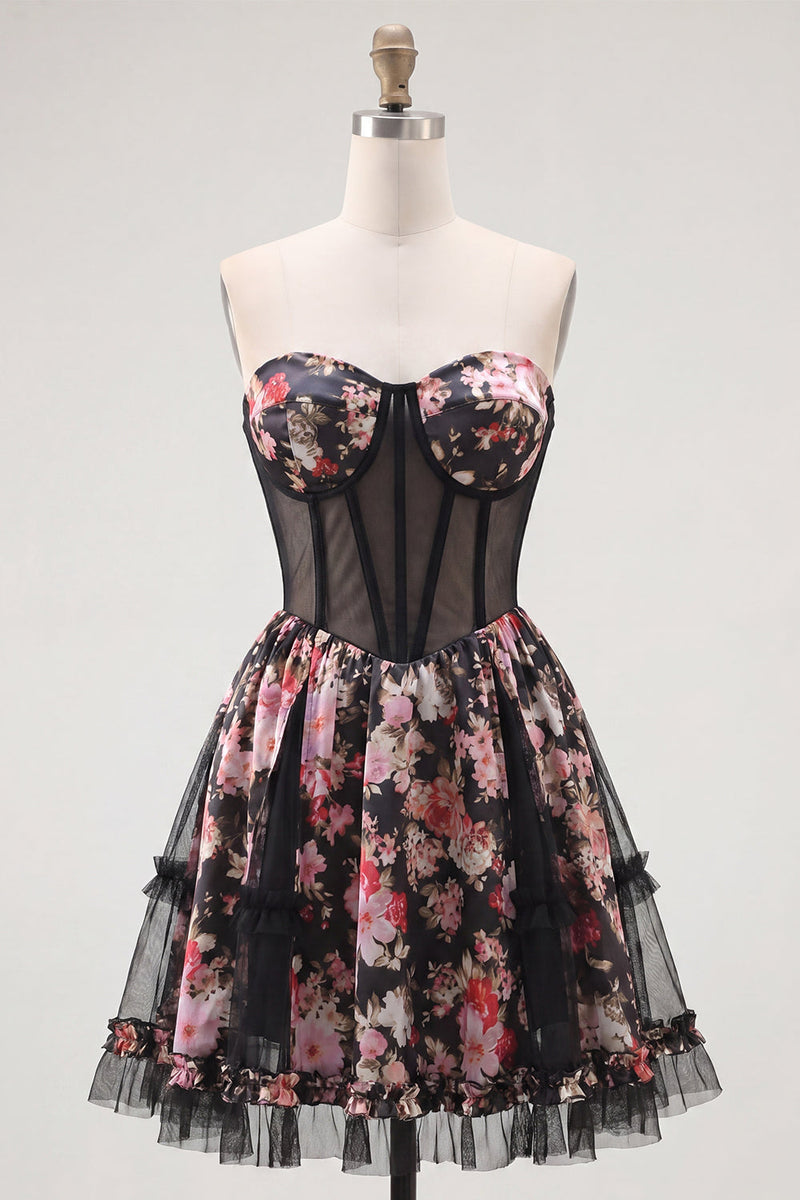 Load image into Gallery viewer, Black Pink Flower A Line Strapless Short Corset Prom Dress