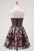 Load image into Gallery viewer, Black Pink Flower A Line Strapless Short Corset Prom Dress