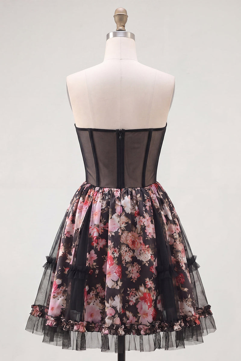 Load image into Gallery viewer, Black Pink Flower A Line Strapless Short Corset Prom Dress