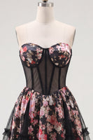 Load image into Gallery viewer, Black Pink Flower A Line Strapless Short Corset Prom Dress
