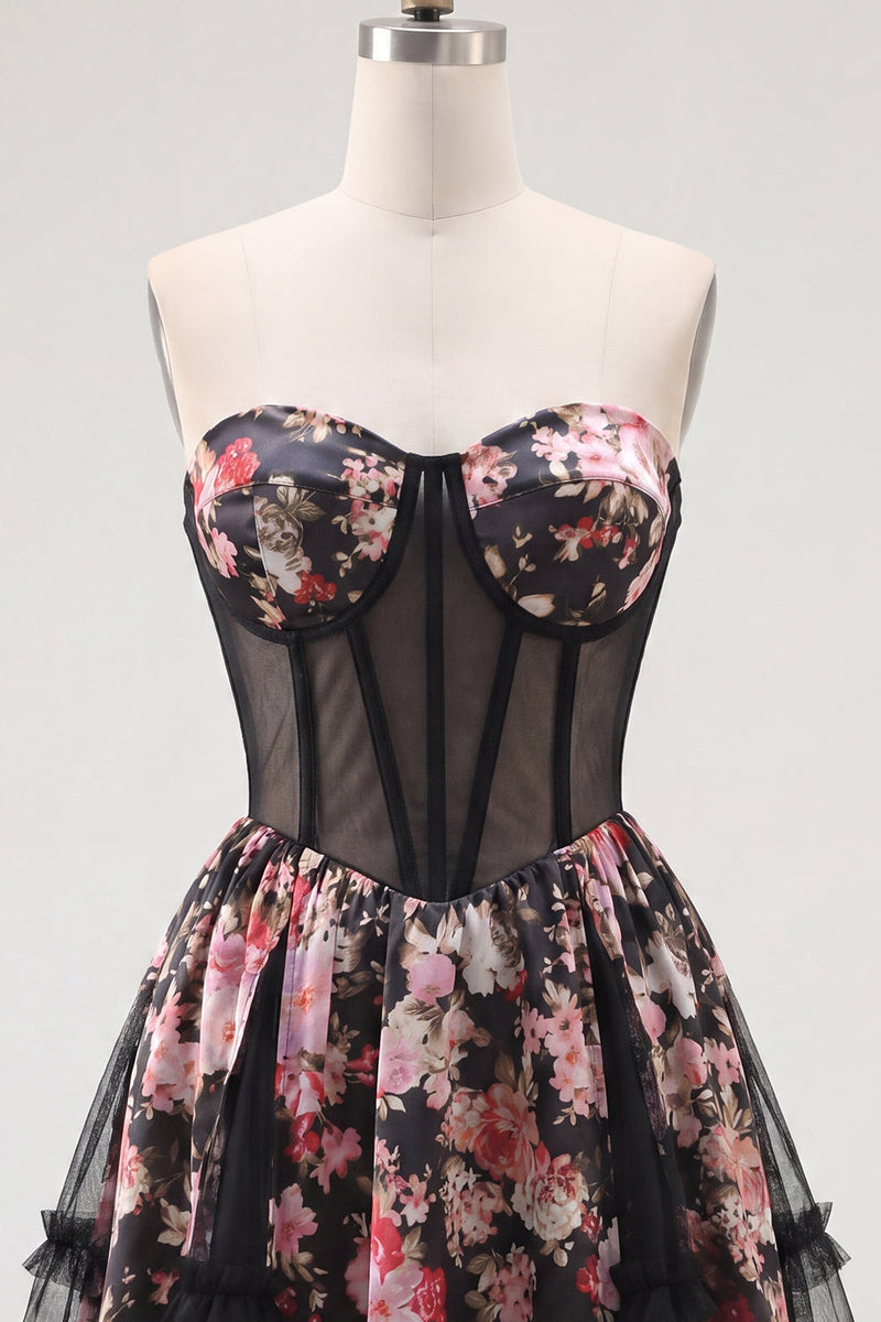Load image into Gallery viewer, Black Pink Flower A Line Strapless Short Corset Prom Dress