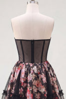 Load image into Gallery viewer, Black Pink Flower A Line Strapless Short Corset Prom Dress