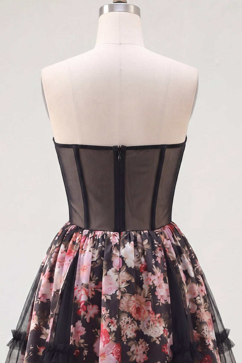 Load image into Gallery viewer, Black Pink Flower A Line Strapless Short Corset Prom Dress