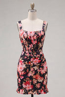 Load image into Gallery viewer, Tight Black Pink Flower Short Corset Thick Straps Prom Dress with Ruffles