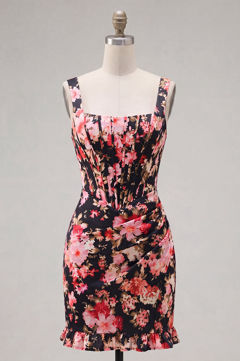 Load image into Gallery viewer, Tight Black Pink Flower Short Corset Thick Straps Prom Dress with Ruffles