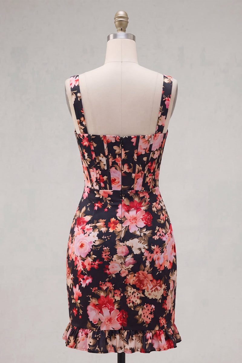 Load image into Gallery viewer, Tight Black Pink Flower Short Corset Thick Straps Prom Dress with Ruffles
