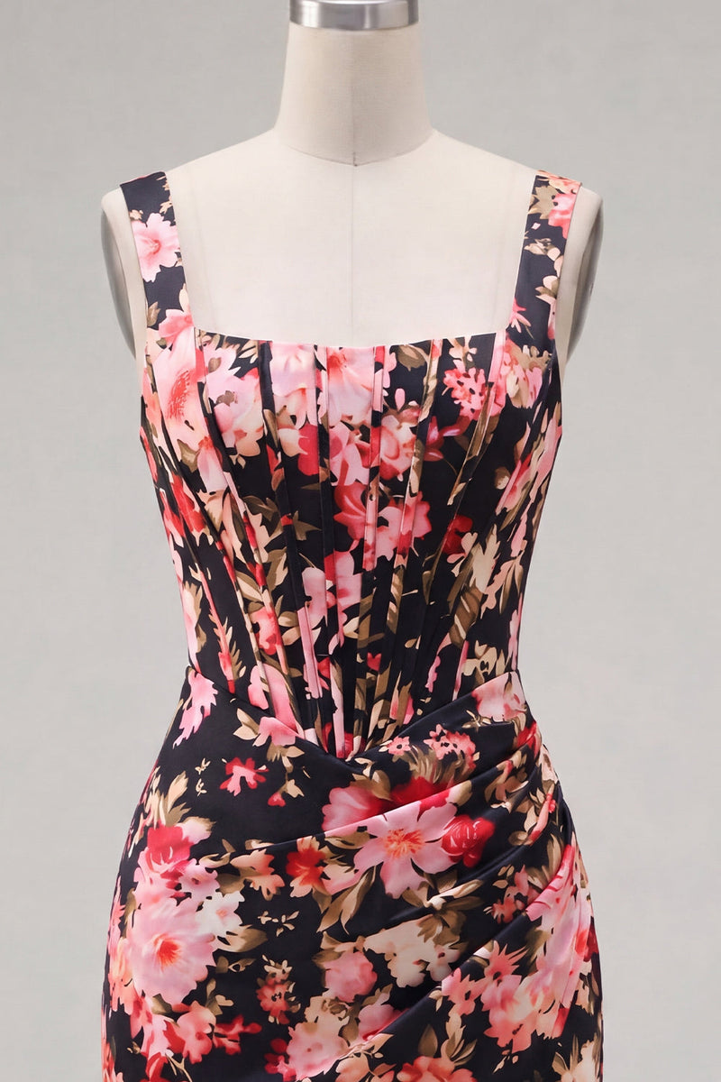 Load image into Gallery viewer, Tight Black Pink Flower Short Corset Thick Straps Prom Dress with Ruffles