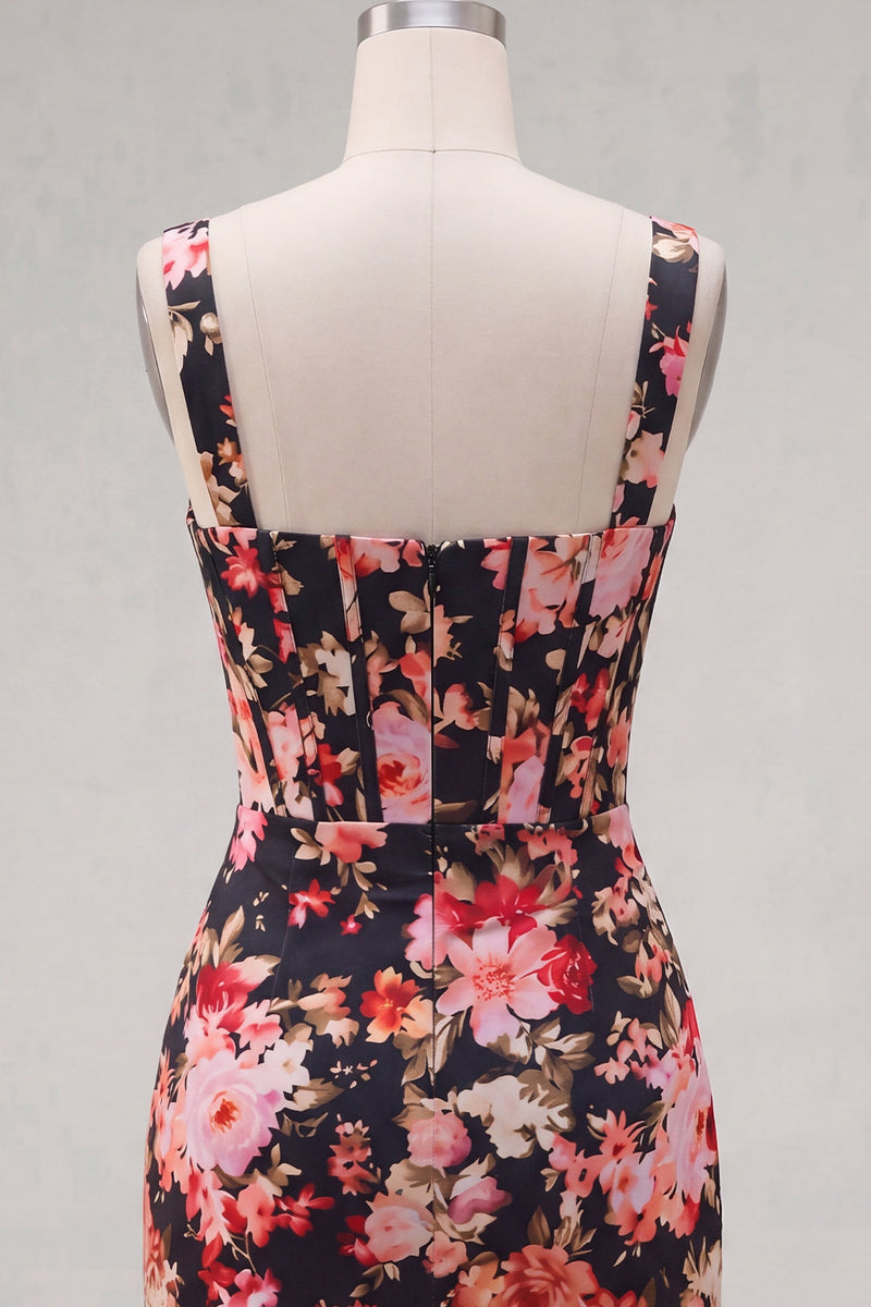 Load image into Gallery viewer, Tight Black Pink Flower Short Corset Thick Straps Prom Dress with Ruffles