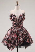 Load image into Gallery viewer, V-Neck Black Pink Flower A Line Ruched Short Prom Dress with Bows