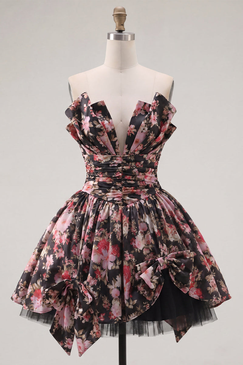 Load image into Gallery viewer, V-Neck Black Pink Flower A Line Ruched Short Prom Dress with Bows
