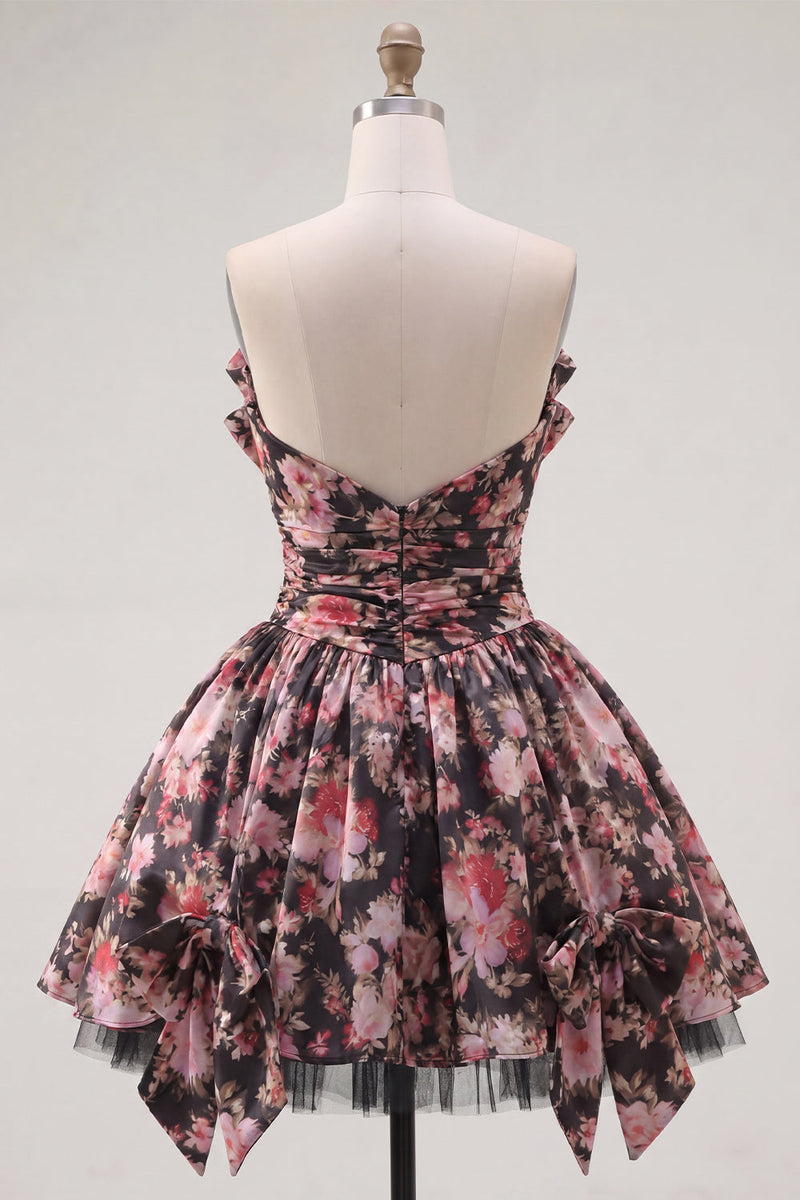 Load image into Gallery viewer, V-Neck Black Pink Flower A Line Ruched Short Prom Dress with Bows