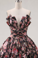 Load image into Gallery viewer, V-Neck Black Pink Flower A Line Ruched Short Prom Dress with Bows