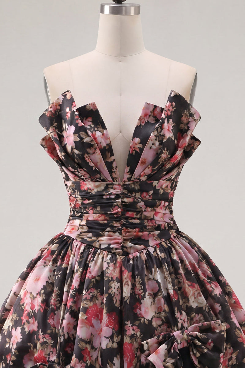 Load image into Gallery viewer, V-Neck Black Pink Flower A Line Ruched Short Prom Dress with Bows