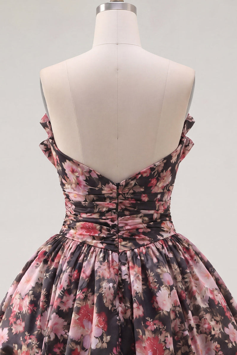 Load image into Gallery viewer, V-Neck Black Pink Flower A Line Ruched Short Prom Dress with Bows