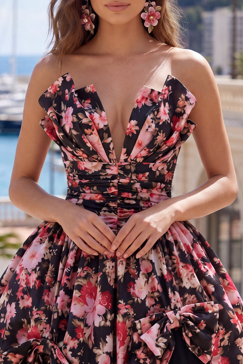 Load image into Gallery viewer, V-Neck Black Pink Flower A Line Ruched Short Prom Dress with Bows