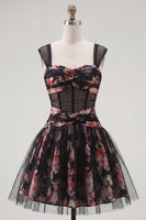 Load image into Gallery viewer, Black Pink Floral A Line Ruched Short Corset Prom Dress