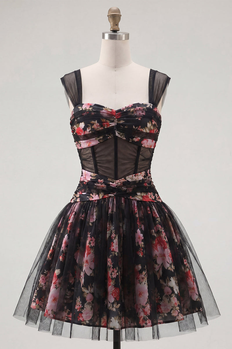 Load image into Gallery viewer, Black Pink Floral A Line Ruched Short Corset Prom Dress