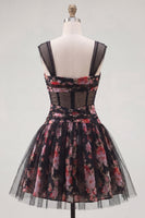 Load image into Gallery viewer, Black Pink Floral A Line Ruched Short Corset Prom Dress