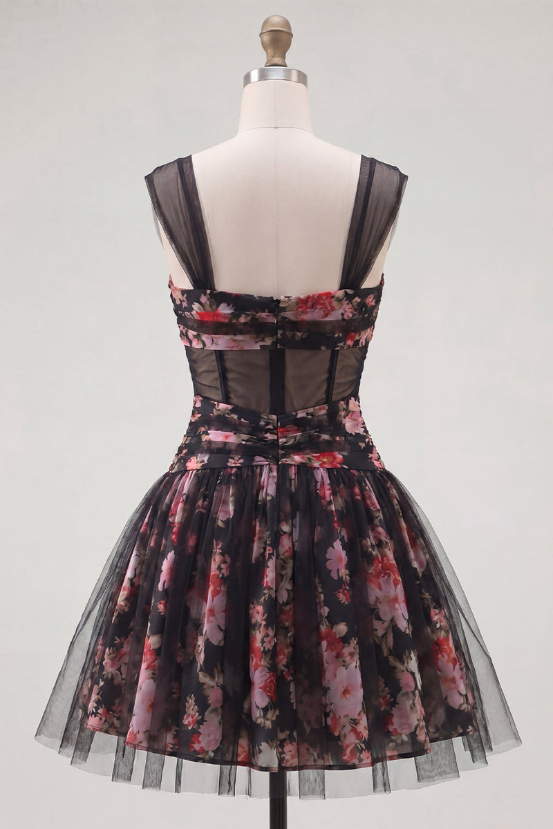 Load image into Gallery viewer, Black Pink Floral A Line Ruched Short Corset Prom Dress