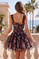 Load image into Gallery viewer, Black Pink Floral A Line Ruched Short Corset Prom Dress