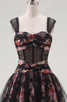 Load image into Gallery viewer, Black Pink Floral A Line Ruched Short Corset Prom Dress